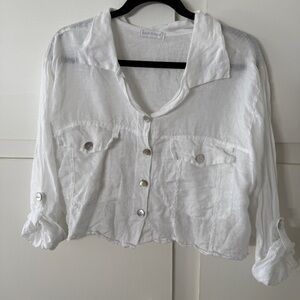 White 100% Linen made in Italy Cropped Button-Down Shirt Jacket